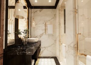 Exquisite Bathroom Designs for Luxurious Homes in the Greater Seattle Area a luxury bathroom with large marble tiles