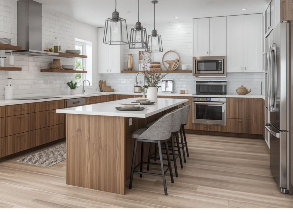 Kitchen remodel with planned layout, island spacing, and integrated appliances