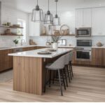 Kitchen remodel with planned layout, island spacing, and integrated appliances