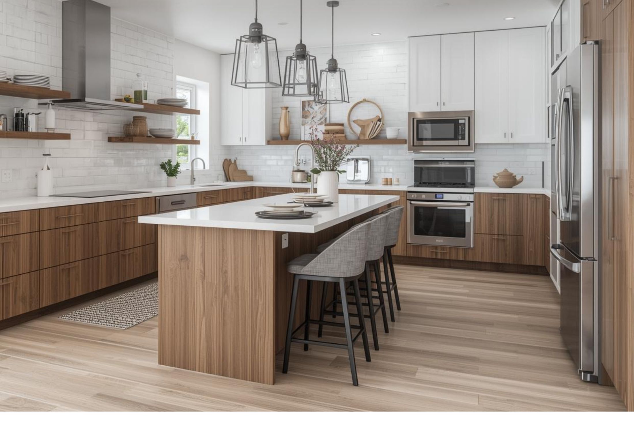 Kitchen remodel with planned layout, island spacing, and integrated appliances