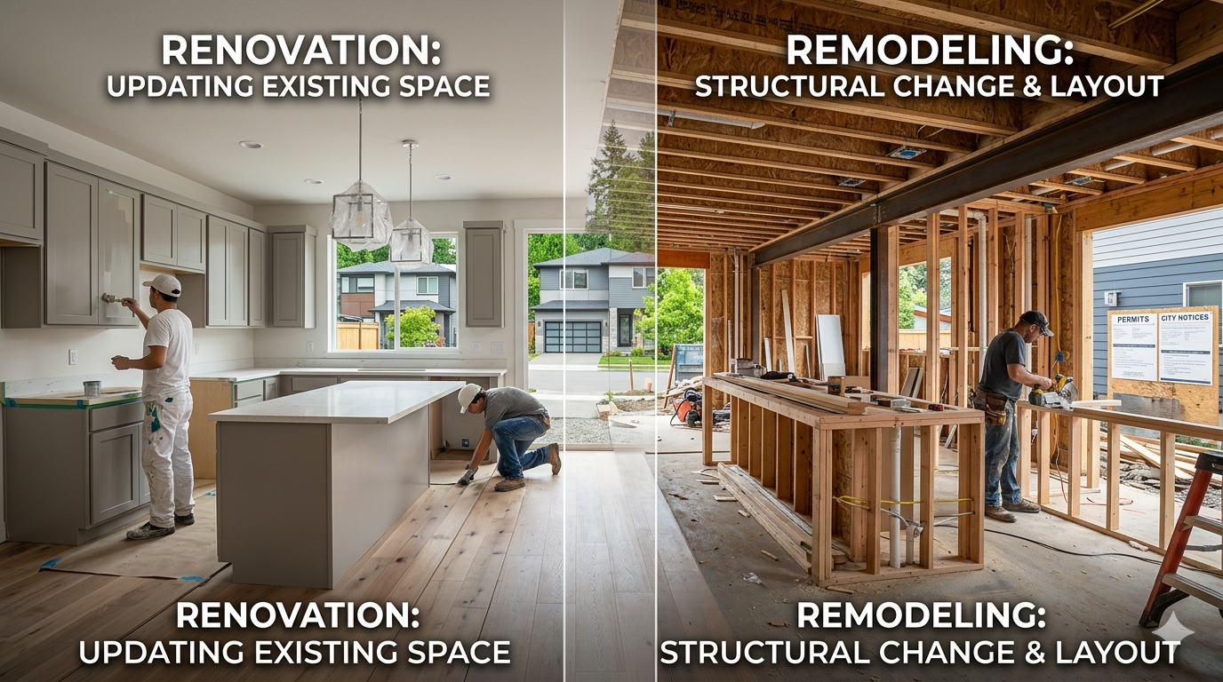 Renovating Vs. Key Differences Explained for Eastside Residential Remodeling, focused on finish planning