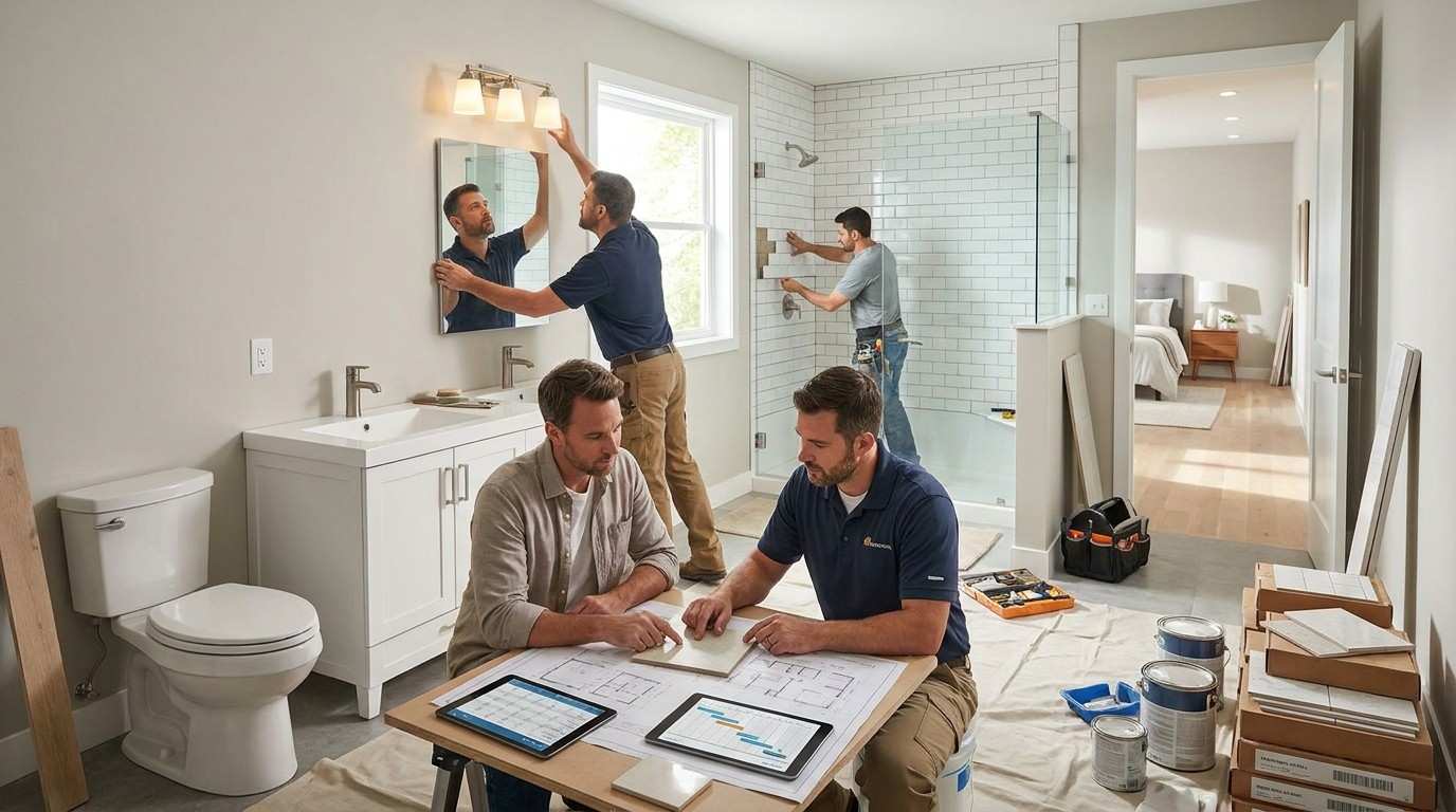 Can You Redo a Bathroom for $10,000? What's Possible at This Budget Male homeowner and male bathroom renovation consultant reviewing renovation plans while contractors install a new vanity, fixtures, lighting, and tile upgrades in a modern bathroom remodel.