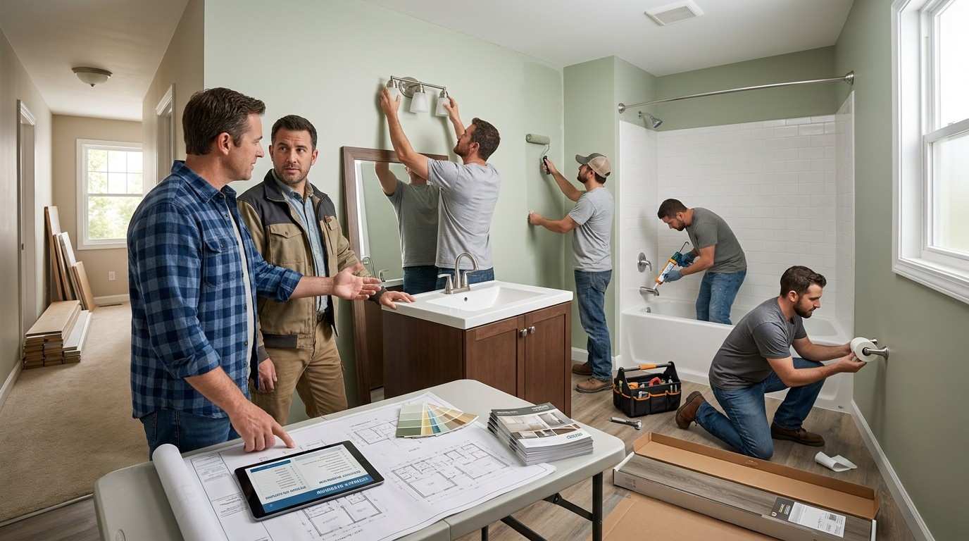 Male homeowner and male bathroom contractor reviewing affordable bathroom renovation plans while workers install a new vanity, fixtures, lighting, and cosmetic upgrades in a budget-friendly bathroom remodel.
