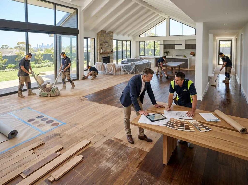 Male homeowner and male flooring specialist reviewing hardwood floor refinishing plans while professional contractors sand, repair, stain, and restore approximately 1,000 square feet of hardwood flooring in a luxury modern home.