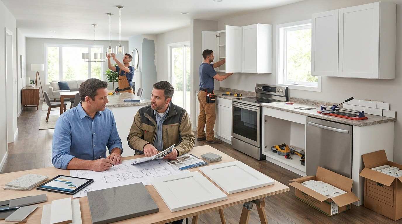 Male homeowner and male kitchen renovation consultant reviewing remodeling plans while contractors install cabinets, countertops, backsplash, and appliances in a realistic mid-range kitchen renovation project.